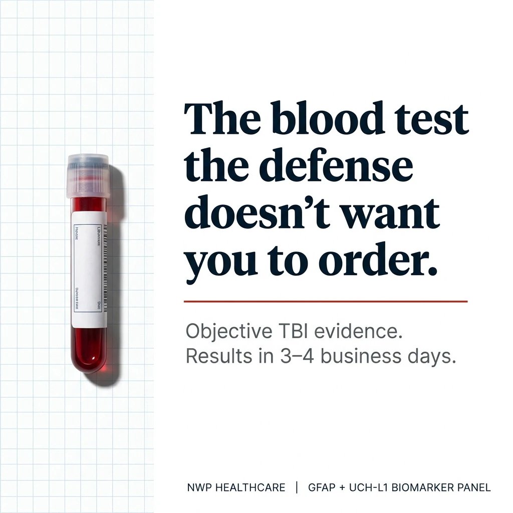 Shareable social graphic: The blood test the defense doesn't want you to order. Objective TBI evidence in 3–4 business days.