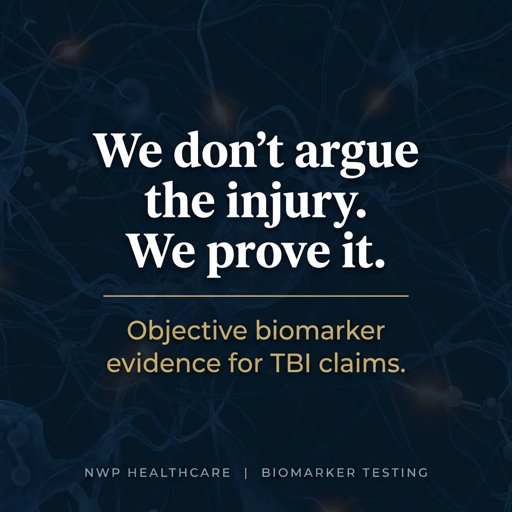Shareable social graphic: We don't argue the injury. We prove it. Objective biomarker evidence for TBI claims.
